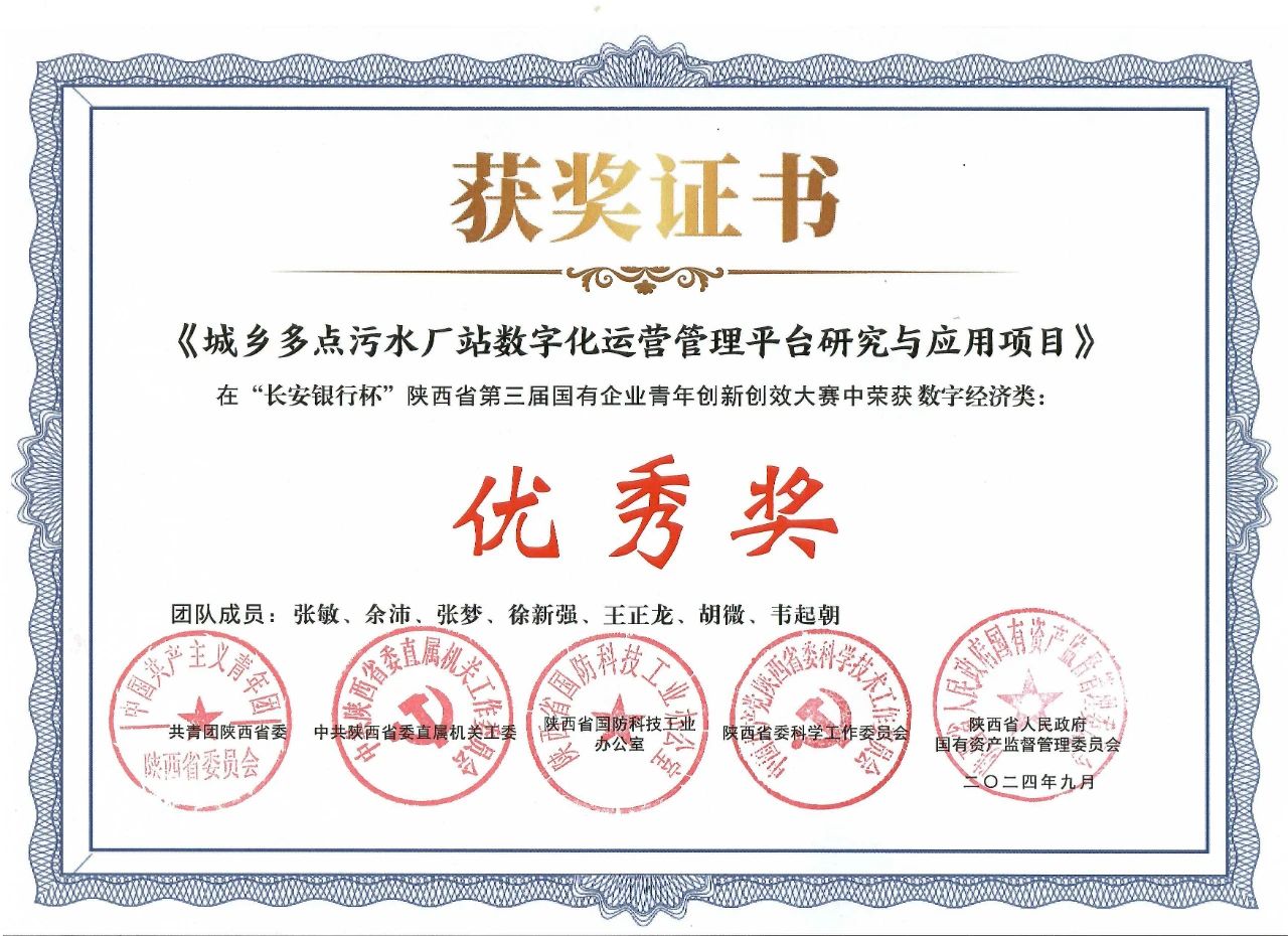 水环境公司一项目荣获陕西省第三届国有企业青年创新创效大赛“优良奖”